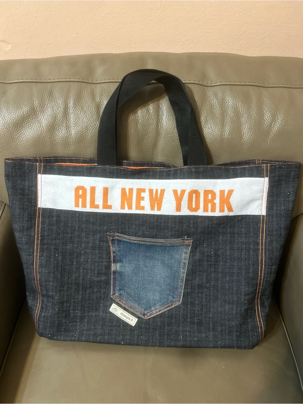 Custom New York Knicks Denim Tote Bag - Orange & Blue - Picture 4 of 6